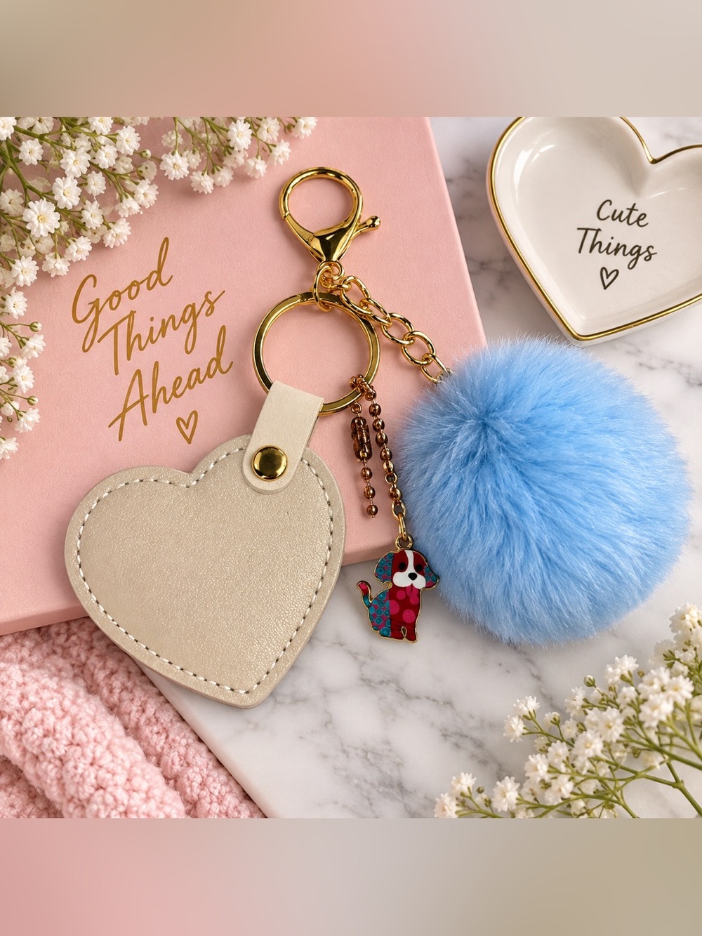 New Blue Pom Pom Heart Dog Charm Keychain Bag Charm